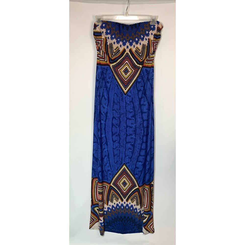Blue Patterned Strapless Maxi Dress Sz XL